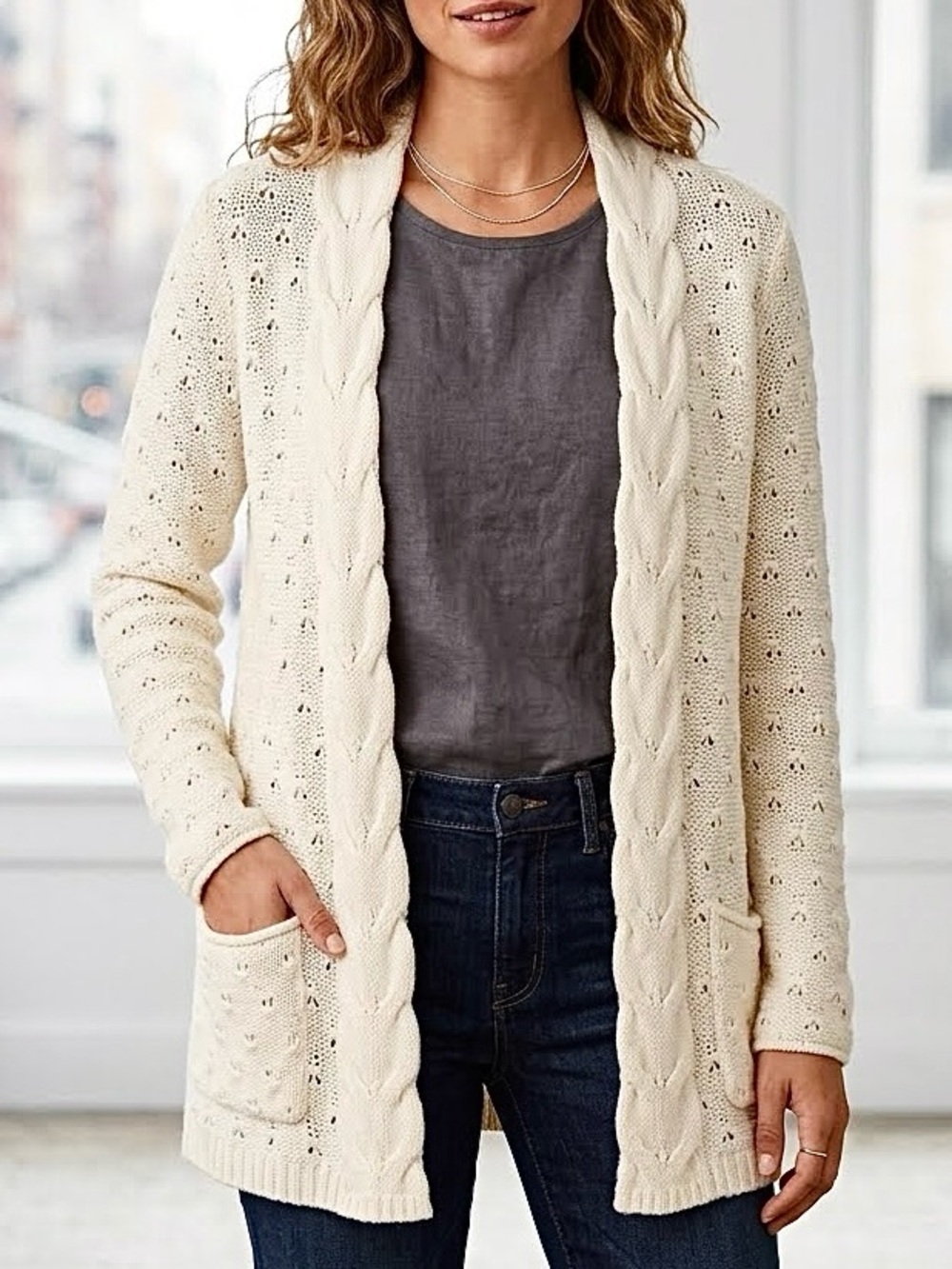Eddie Bauer Wool Blend Open Front Knit Cardigan Sweater Cream Layers Womens XS